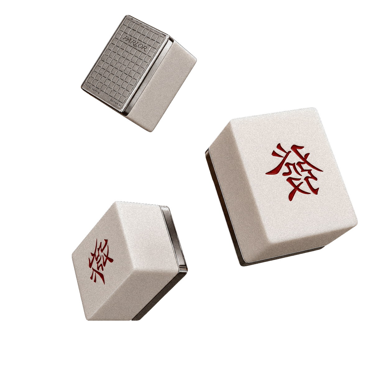Three PARLOR mahjong tiles floating against black. Cream face, ink-filled engraving, brushed zinc back.